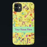 Coque iPhone 11 Joyful party Colors Confeti Toss Over Yellow<br><div class="desc">This case is adorned with a colorful confeti toss over a yellow background. A pastel green bar along the bottom allows the text to stand out from the design. Fill in the template field with your name/initial or click customize to select a font style,  size,  and color you prefer.</div>