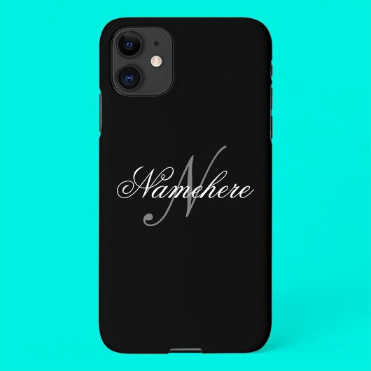 Coque iPhone 11 Monogramme de nom noir et blanc personnalisé uniqu