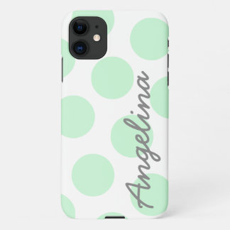 Coque iPhone 11 Motif à pois vert menthe pastel grand et blanc