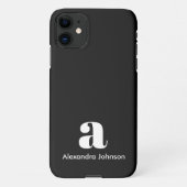 Coque iPhone 11 Noir personnalisé Monogramme moderne Nom minimal (Dos)
