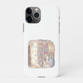 COQUE iPhone 11Pro さなくむじ 薄暗いお部屋で本棚のそばに浮いているぼんやり光る物体と女性のイラスト (Dos)