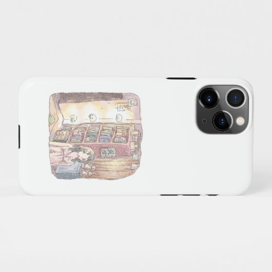COQUE iPhone 11Pro さなくむじ 薄暗いお部屋で本棚のそばに浮いているぼんやり光る物体と女性のイラスト (Dos Horizontal)