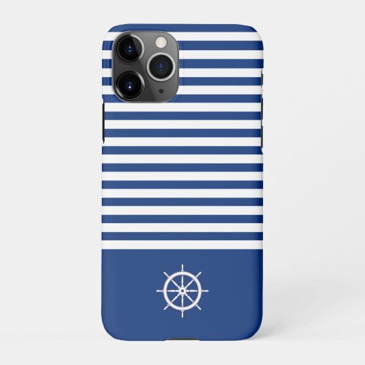 Coque iPhone 11Pro Bandes Nautiques+Navires Roue Bleu+Blanc (Dos)