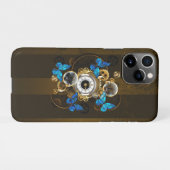 Coque iPhone 11Pro Engrenages à vapeur et papillons bleus (Dos Horizontal)