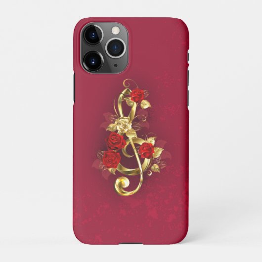 Coque iPhone 11Pro Golden Treble Clef avec fleurs Roses (Dos)