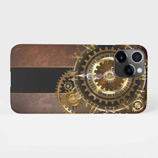 Coque iPhone 11Pro Horloge Steampunk avec des engrenages anciens (Dos Horizontal)