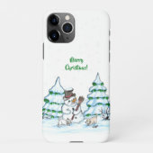 Coque iPhone 11Pro Joyeux Noël ! Snowman avec chat et chiot (Dos)