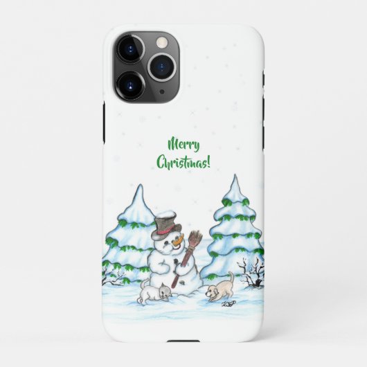 Coque iPhone 11Pro Joyeux Noël ! Snowman avec chat et chiot (Dos)