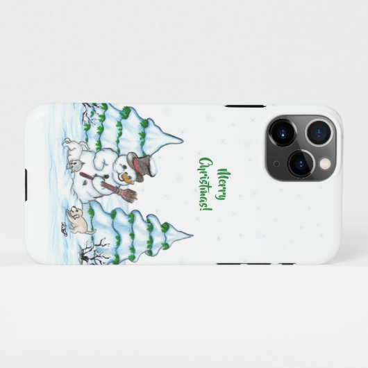 Coque iPhone 11Pro Joyeux Noël ! Snowman avec chat et chiot (Dos Horizontal)