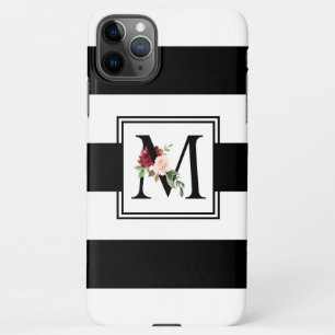 Coque iPhone 11Pro Max Bandes de rugby noir et blanc Monogramme floral M