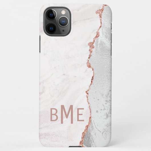 Coque iPhone 11Pro Max Bleu blanc & Rose Or Agate Marbre Monogramme (Dos)