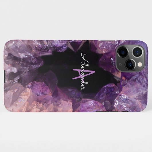 Coque iPhone 11Pro Max Budget Améthyste cristal Agate Monogramme rose (Dos Horizontal)