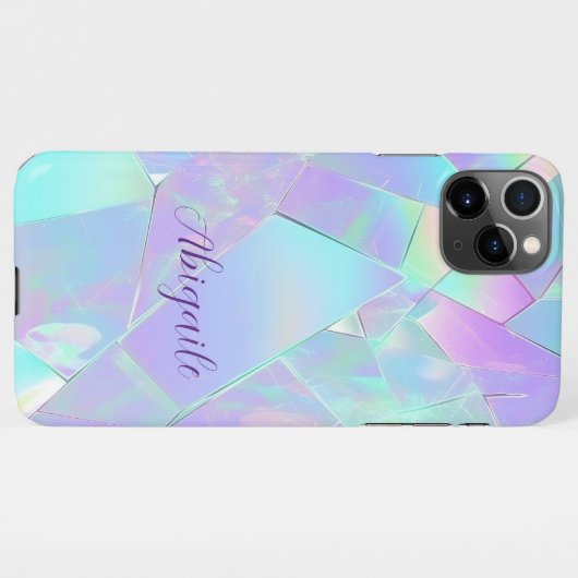 Coque iPhone 11Pro Max Conception turquoise et violette Iridescente, nom (Dos Horizontal)