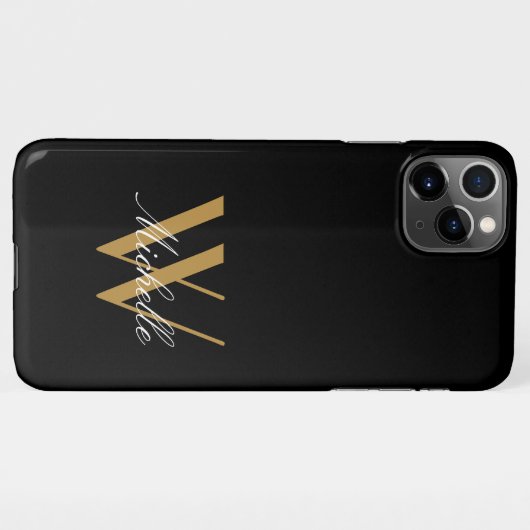 Coque iPhone 11Pro Max Élégant Monogramme Black Gold Nom Script (Dos Horizontal)