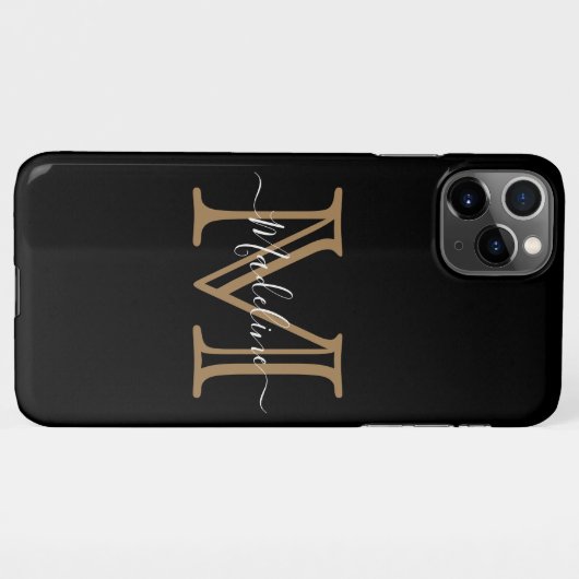 Coque iPhone 11Pro Max Élégant Noir Or Moderne Monogramme (Dos Horizontal)