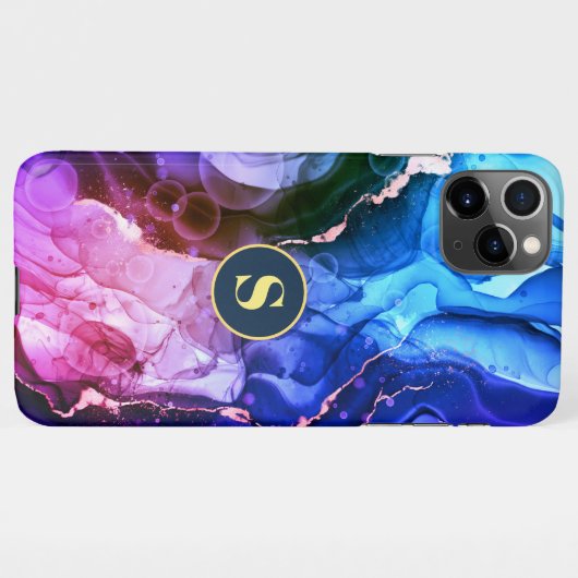 Coque iPhone 11Pro Max Encre Liquide Bleue, Violette Et Rouge, Monogramme (Dos Horizontal)
