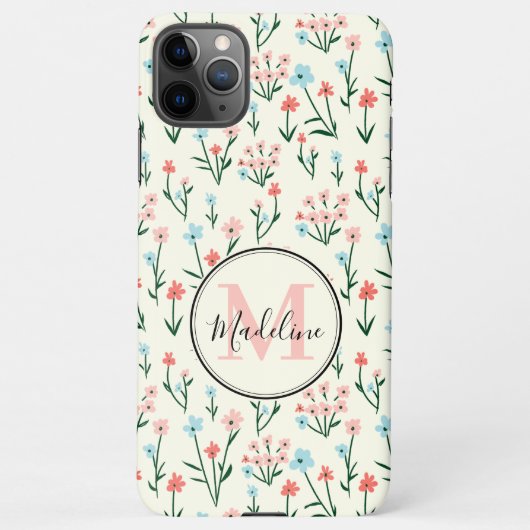 Coque iPhone 11Pro Max Fille rose bleu Fleurs Motif Élégant Monogramme (Dos)