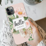 Coque iPhone 11Pro Max Modern Watercolor Pink Flowers & Hello & Nom<br><div class="desc">Modern Watercolor Pink Flowers & Hello & Nom</div>