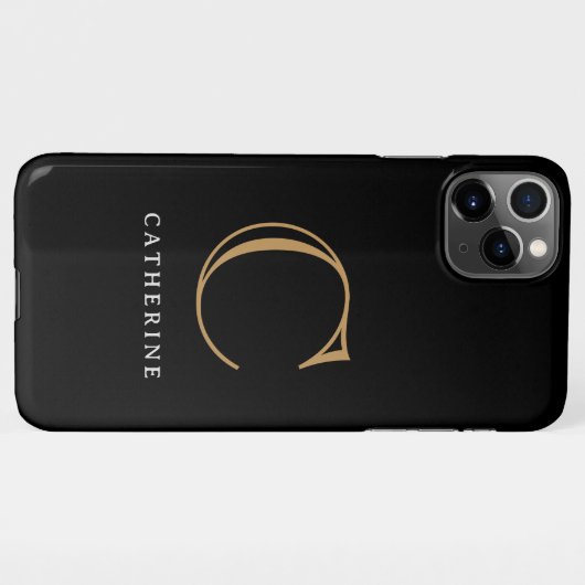 Coque iPhone 11Pro Max Monogramme classique simple en noir et or (Dos Horizontal)
