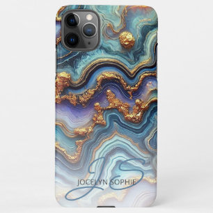 Coque iPhone 11Pro Max Motif d'art en marbre doré bleu Turquoise foncé