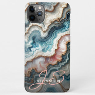 Coque iPhone 11Pro Max Motif d'art en marbre doré rose bleu foncé Turquoi