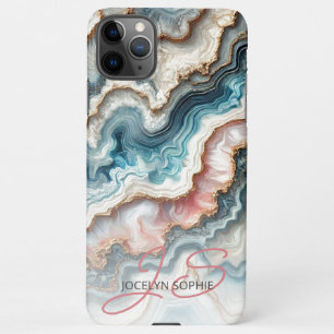 Coque iPhone 11Pro Max Motif d'art en marbre doré rose bleu foncé Turquoi