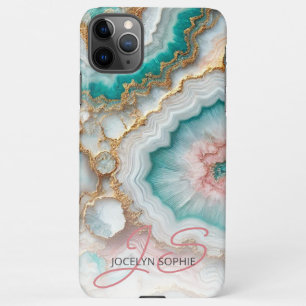 Coque iPhone 11Pro Max Motif d'art en marbre doré rose bleu foncé Turquoi