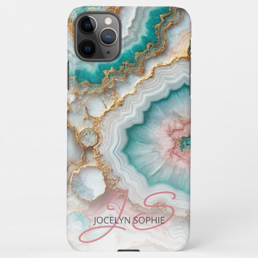 Coque iPhone 11Pro Max Motif d'art en marbre doré rose bleu foncé Turquoi (Dos)