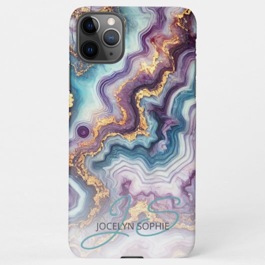 Coque iPhone 11Pro Max Motif en marbre bleu foncé violet Turquoise or (Dos)