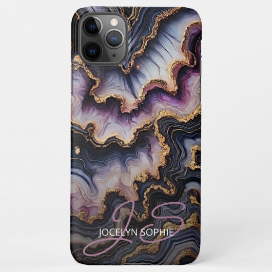 Coque iPhone 11Pro Max Noir Bleu violet violet or Marbre Motif d'art (Dos)