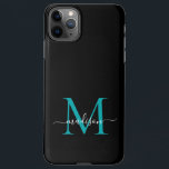 Coque iPhone 11Pro Max Noir Turquoise Monogramme vert Nom du script fémin<br><div class="desc">Moderne Girl Noir Turquoise Monogramme Feminine Script Nom Téléphone Case</div>