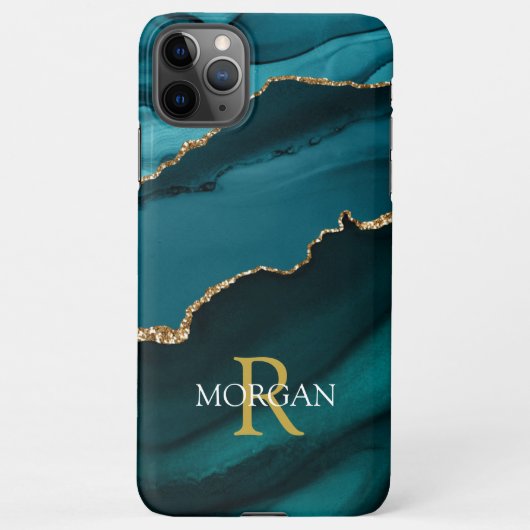 Coque iPhone 11Pro Max Nom & Monogramme, Agate noir Turquoise, Texte blan (Dos)