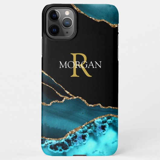 Coque iPhone 11Pro Max Nom & Monogramme, Agate noir Turquoise, Texte blan (Dos)