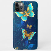 Coque iPhone 11Pro Max Papillons d'or sur un Arrière - plan bleu (Dos)