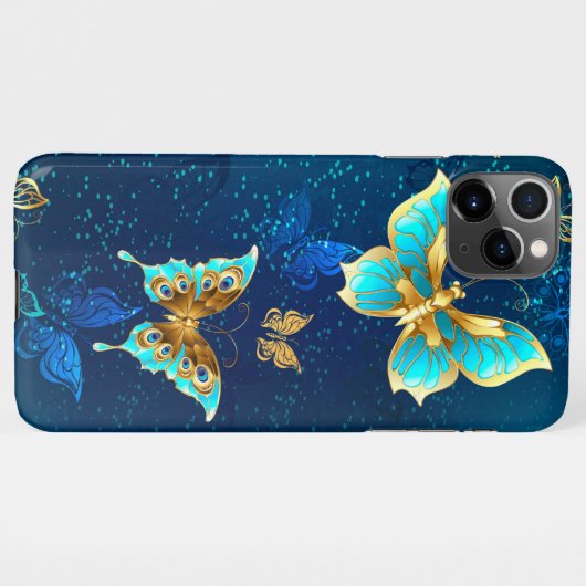 Coque iPhone 11Pro Max Papillons d'or sur un Arrière - plan bleu (Dos Horizontal)