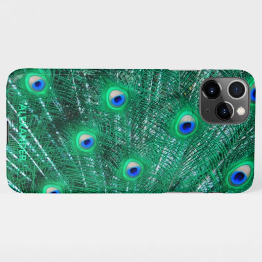 Coque iPhone 11Pro Max Peacock Personnalisé Plumes Bleues Nom (Dos Horizontal)