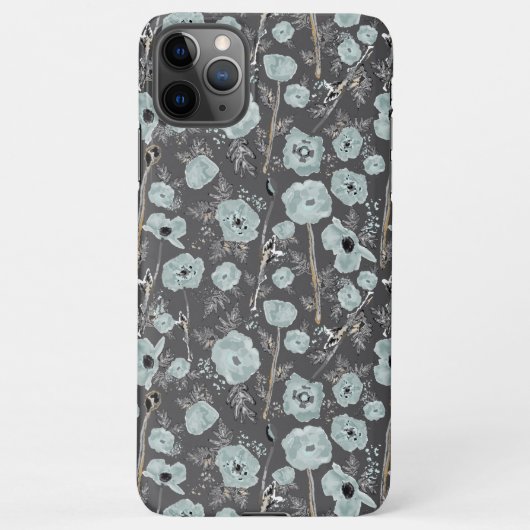 Coque iPhone 11Pro Max Pépites Gris Bleu Noir Aquarelle Fleurs (Dos)