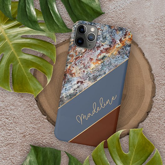 Coque iPhone 11Pro Max Personnalisé Ambre Brown Bleu foncé Chic Marbre Mo