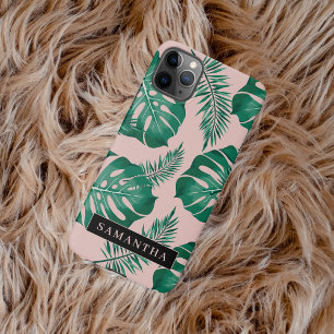 Coque iPhone 11Pro Max Pink & Green Palm Feuille Motif & nom