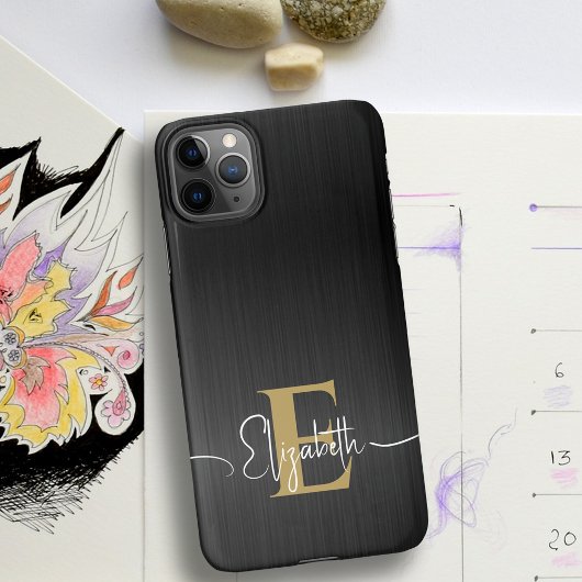 Coque iPhone 11Pro Max Script moderne en métal brossé noir monogramme or