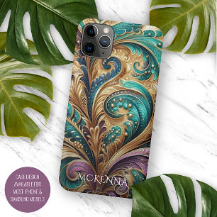 Coque iPhone 11Pro Max Violet violet Turquoise bleu vert or Motif Paisley