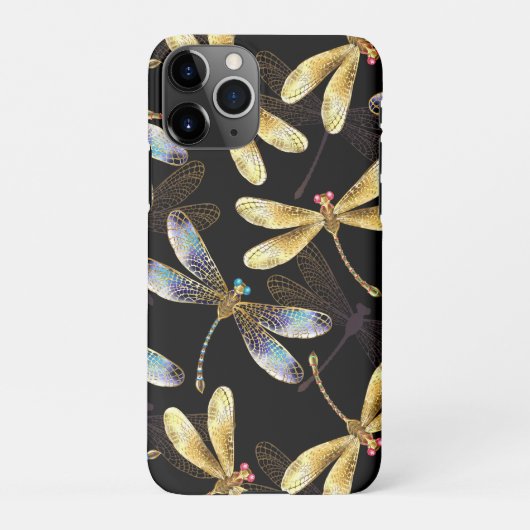 Coque iPhone 11Pro Motif sans couture avec libellules d'or (Dos)