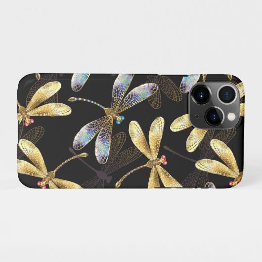 Coque iPhone 11Pro Motif sans couture avec libellules d'or (Dos Horizontal)