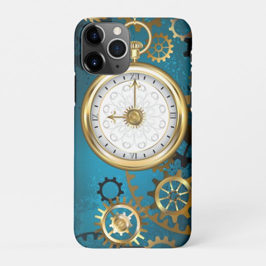 Coque iPhone 11Pro Steampunk Arrière - plan turquoise avec Gears (Dos)
