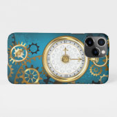 Coque iPhone 11Pro Steampunk Arrière - plan turquoise avec Gears (Dos Horizontal)