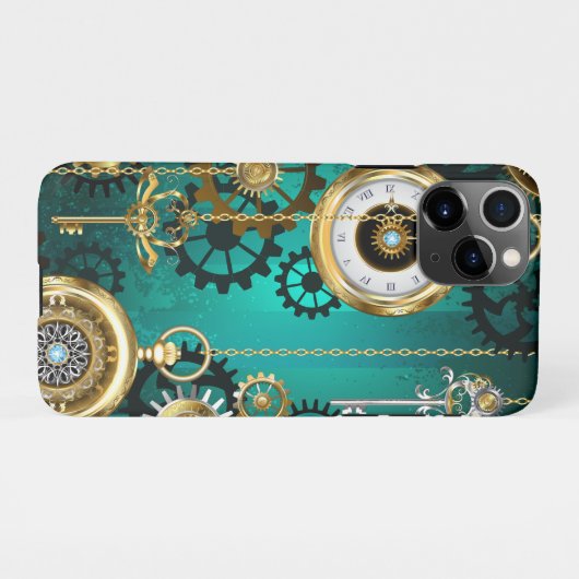Coque iPhone 11Pro Veille bijoux Steampunk sur un Arrière - plan vert (Dos Horizontal)