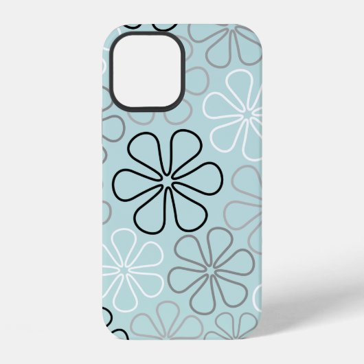 Coque iPhone 12 Abstrait Big Flower Outlines BWG+Duck Egg Blue (Verso)