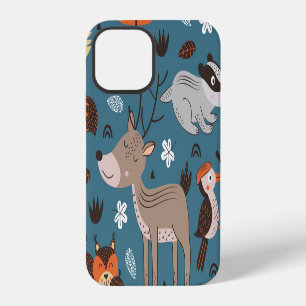 Coque iPhone 12 Animaux de la forêt, bleu, style scandinave