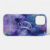 Coque iPhone 12 Aquarelle violette et bleu Galaxy Nom initial (Verso Horizontal)
