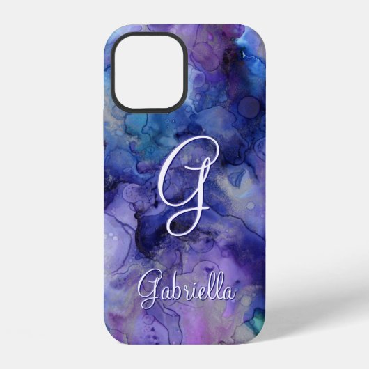 Coque iPhone 12 Aquarelle violette et bleu Galaxy Nom initial (Verso)